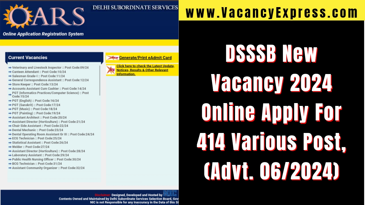 DSSSB New Vacancy 2024 Online Apply For 414 Various Post Dsssb Delhi