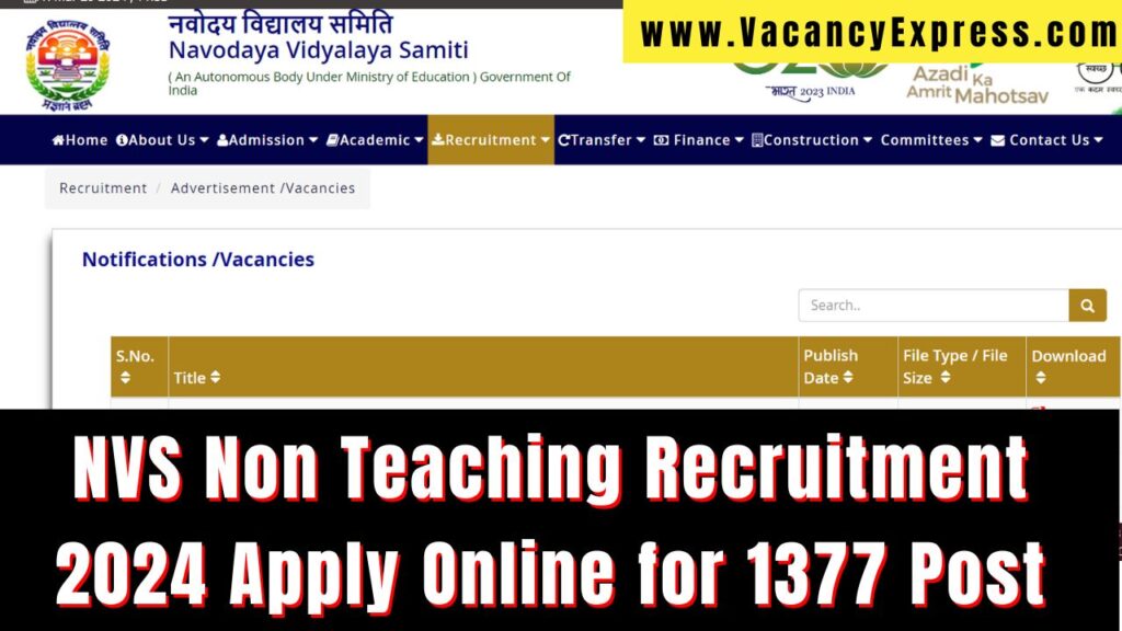 NVS Non Teaching Recruitment 2024 Apply Online for 1377 Post | Navodaya Vidyalaya Samiti Vacancy 2024
